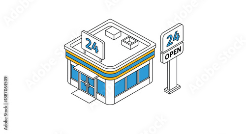 Small convenience store building in an isometric view includes a 24-hour open sign and glass windows for a retail store concept.