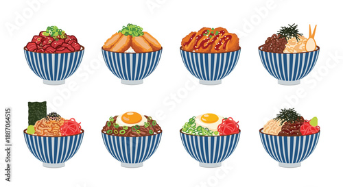 Collection of eight different Japanese donburi rice bowls features various toppings like tuna, tonkatsu, beef, and fried egg.