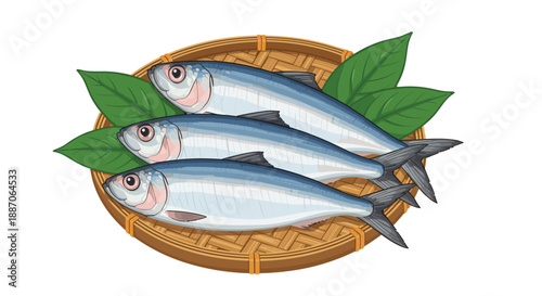 Woven basket holds three fresh sardines arranged on green leaves, representing a typical Japanese fish market or pantry scene.