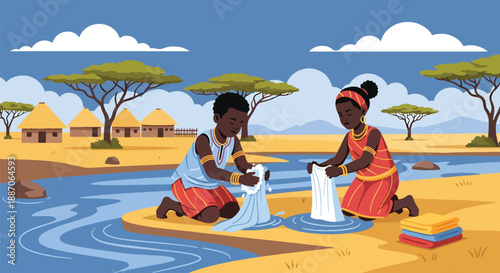 Vector illustration of African children washing clothes together by hand, reflecting daily chores and cooperation in rural village life through flat vector illustration
