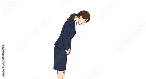Side view of a Japanese business woman in a dark formal suit performing a respectful polite bow against a white background.