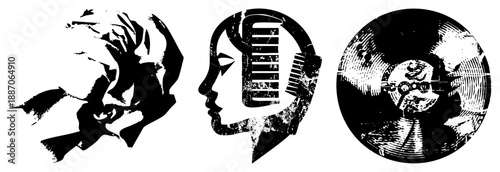 Three Silhouetted Heads with Integrated Equipment and Vinyl Record