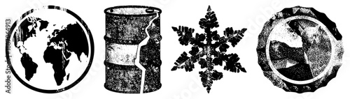 Global Earth Globe, Cracked Oil Barrel, Snowflake, and Circular Abstract