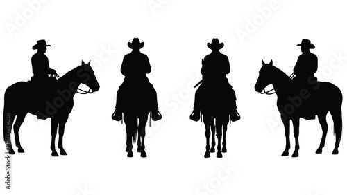 Four cowboys riding horses in a row against a white background