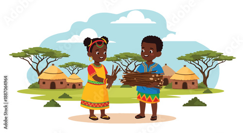 Vector illustration of African children collecting firewood near their homes, showing responsibility and sustainable rural living in flat vector style