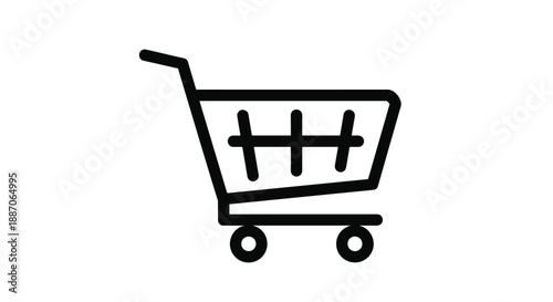 Simple black and white shopping cart icon representing retail commerce or online shopping on clean background.