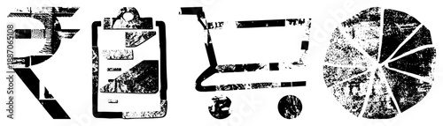 Indian Rupee Symbol, Clipboard, Shopping Cart, and Pie Chart in Grunge Vector Style