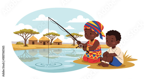 Vector illustration of African children fishing by a riverbank, showing calm daily activity and connection to nature in rural community life through flat vector design