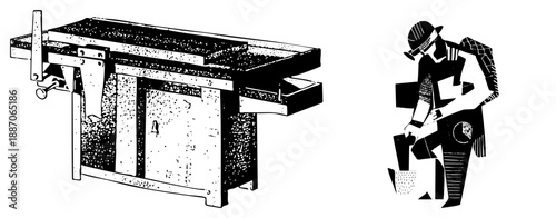 Woodworking Table Saw with Worker in Geometric Industrial Style