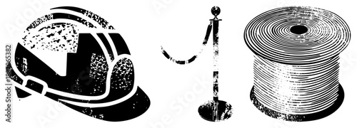Safety Helmet, Crowd Control Stanchion, and Wire Spool Vector