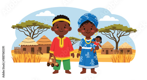 Vector illustration of African children carrying handmade toys, highlighting creativity and resourceful play in rural childhood through flat vector art