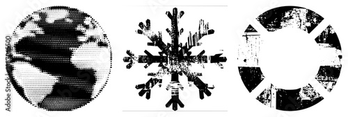 Grunge Textured Global Map, Snowflake, and Circular Segment