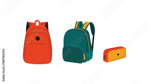 Three colorful backpacks and a lunchbox on a plain white background