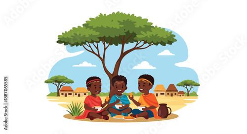 Vector illustration of African children sharing food after school, expressing friendship, care, and strong community bonds in flat vector style