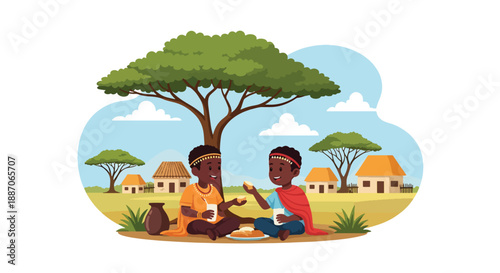 Vector illustration of African children sharing food after school, expressing friendship, care, and strong community bonds in flat vector style