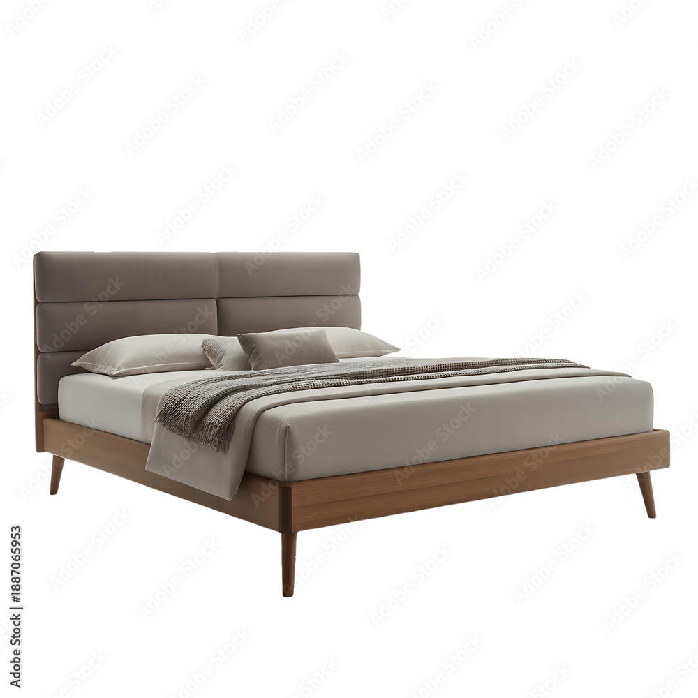 Fototapeta premium Modern Upholstered Bed Isolated On Transparent Background Minimal Bedroom Furniture