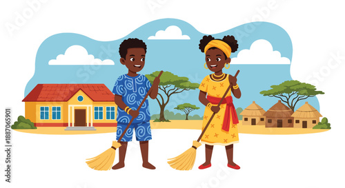 Vector illustration of African children sweeping their schoolyard together, expressing responsibility and pride in community spaces in flat vector style
