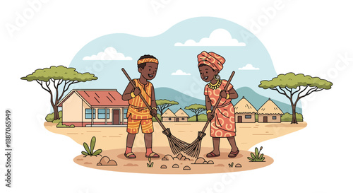 Vector illustration of African children sweeping their schoolyard together, expressing responsibility and pride in community spaces in flat vector style