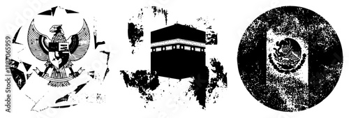 National Symbols of Indonesia, Kaaba, and Mexico in Grunge Vector Style
