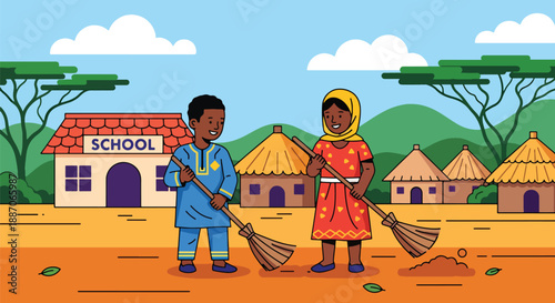 Vector illustration of African children sweeping their schoolyard together, expressing responsibility and pride in community spaces in flat vector style