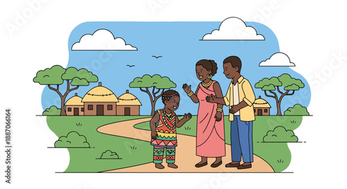 Vector illustration of African children greeting neighbors on village paths, expressing friendliness and strong community culture in rural daily life through flat vector ar