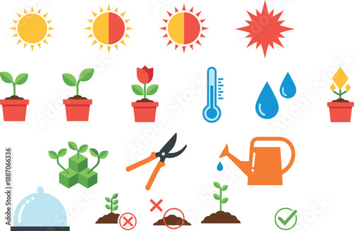 Colorful gardening and plant growth icon set with farming tools and weather symbols