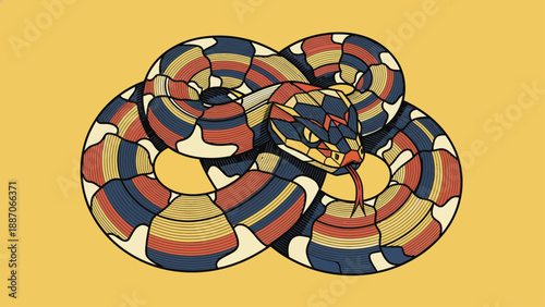Colorful coiled snake with intricate patterns and a yellow background.