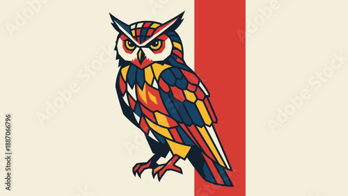 Colorful Geometric Owl Illustration with Intense Gaze.