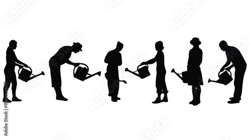 A series of silhouettes showing people watering plants in different poses and movements