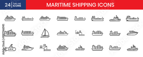 Shipping And Marine Transport Thin Line Vector Icon Set