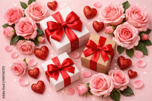 Gift boxes surrounded by pink roses and heart-shaped decorations.