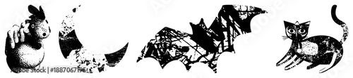 Vintage Halloween Creatures Bat, Cat, Moon, and Chicken in Halftone Style