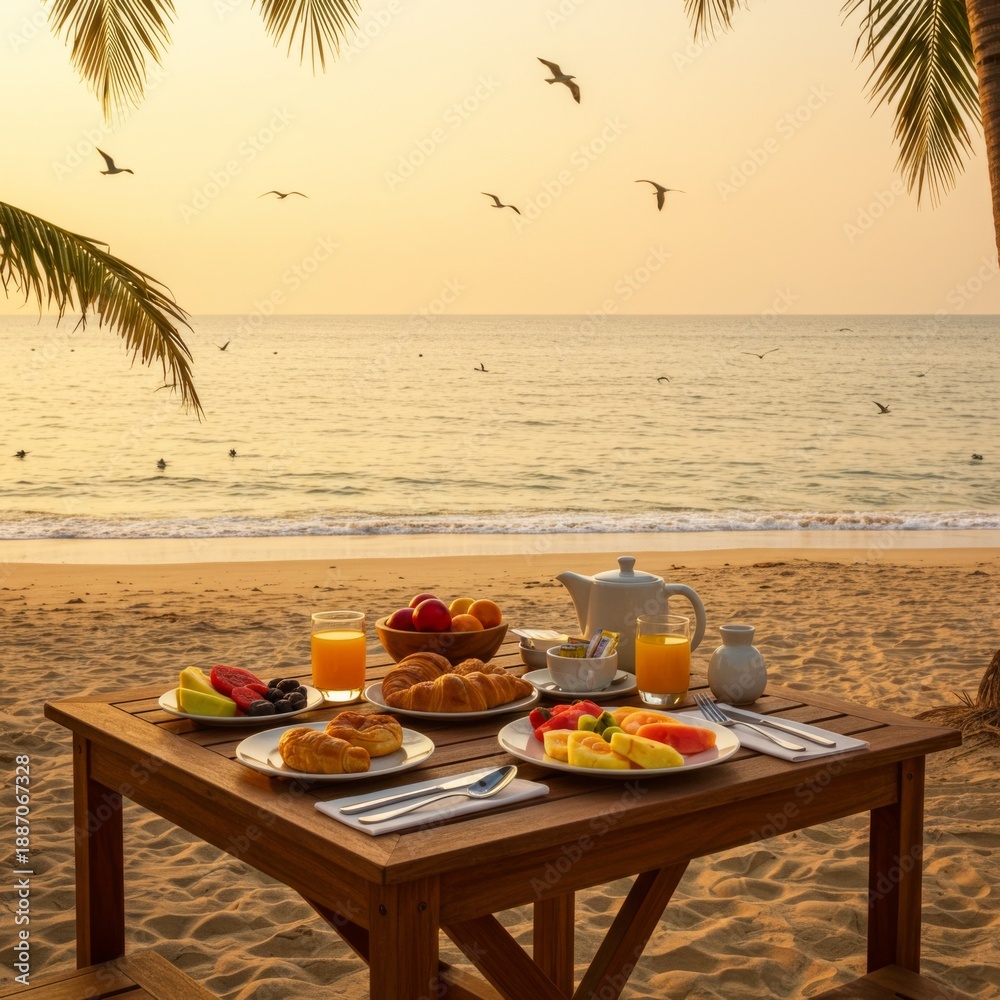 Obraz premium Beach Sunrise Breakfast Table Setting