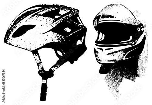 Bicycle Helmet and Racing Helmet Side by Side