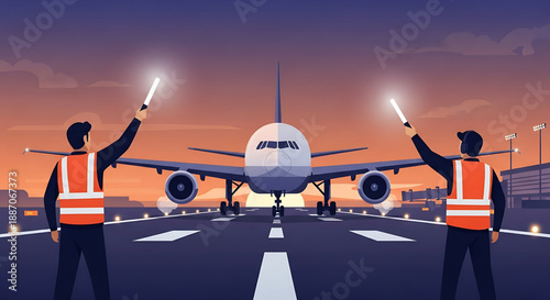 Professional ground crew guiding an aircraft on the runway during airport operations at sunset, ensuring safe departure procedures and aviation readiness for smooth global travel logistics