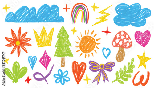 Crayon drawn kid doodle drawings collection. Colorful childish elements like clouds, flowers, bow, rainbows and sun. Adorable girly naive vector. Grunge chalk pencil brush. Spiral, arrow scribble line