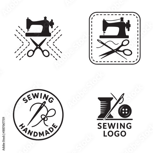 Collection of stylish sewing logos and icons featuring sewing machines, scissors, and thread for craft and fashion businesses