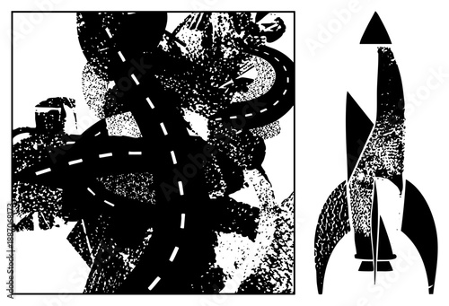 Abstract Highway and Silhouette in Halftone Vector Art