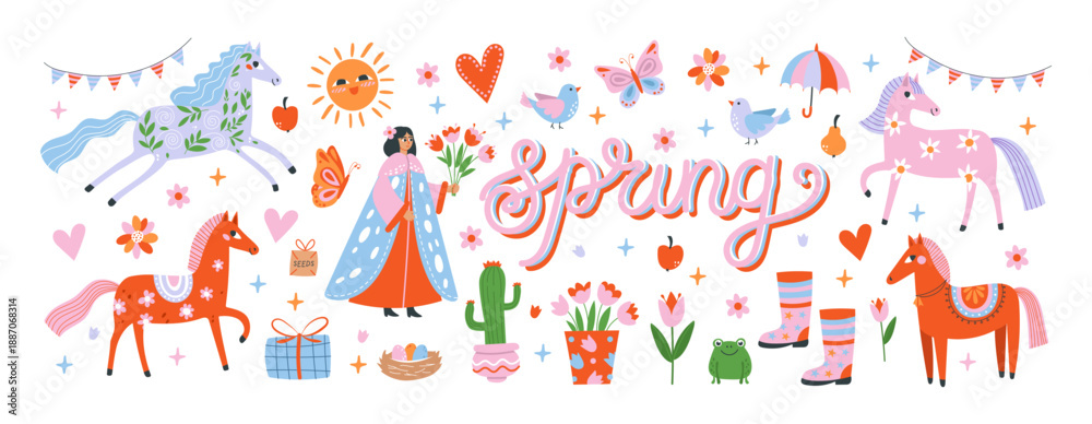 Fototapeta premium Spring-themed illustration with colorful flowers, horses, butterflies, and cute characters. Perfect for seasonal designs, Easter, holidays, and nature-inspired decorations. Bright and cheerful artwork