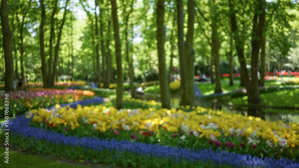 Fototapeta premium Blurred flowers in a green park with trees create a serene and dreamy atmosphere, capturing the essence of nature's beauty in a bokeh effect under the sunlight.