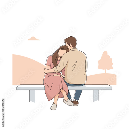 Romantic couple hugging while sitting, emotional support flat vector illustration on white background