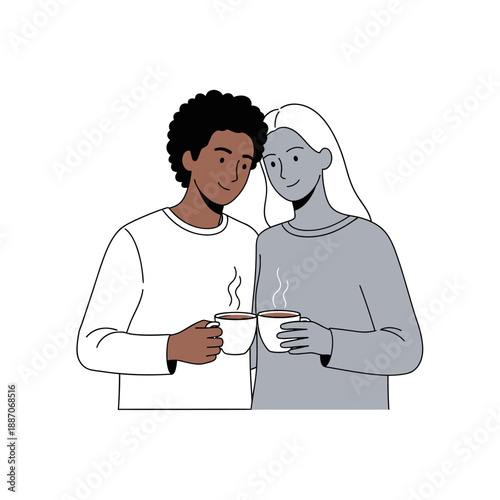 Interracial romantic couple standing together, love and diversity flat vector illustration on white background
