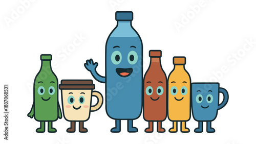A group of colorful cartoon bottles and cups with smiling faces