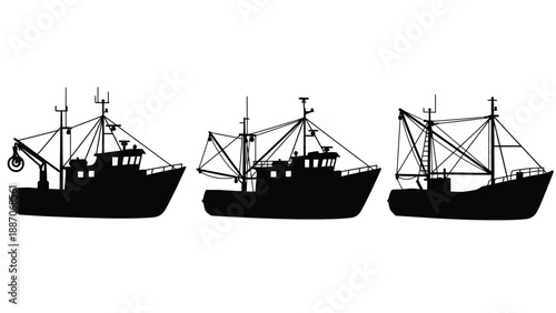 Three black silhouettes of fishing boats on a white background