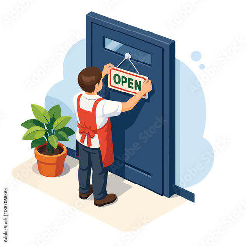 Shopkeeper hanging open sign on blue door next to potted plant