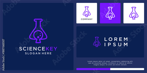 Science key logo design with glass lab.