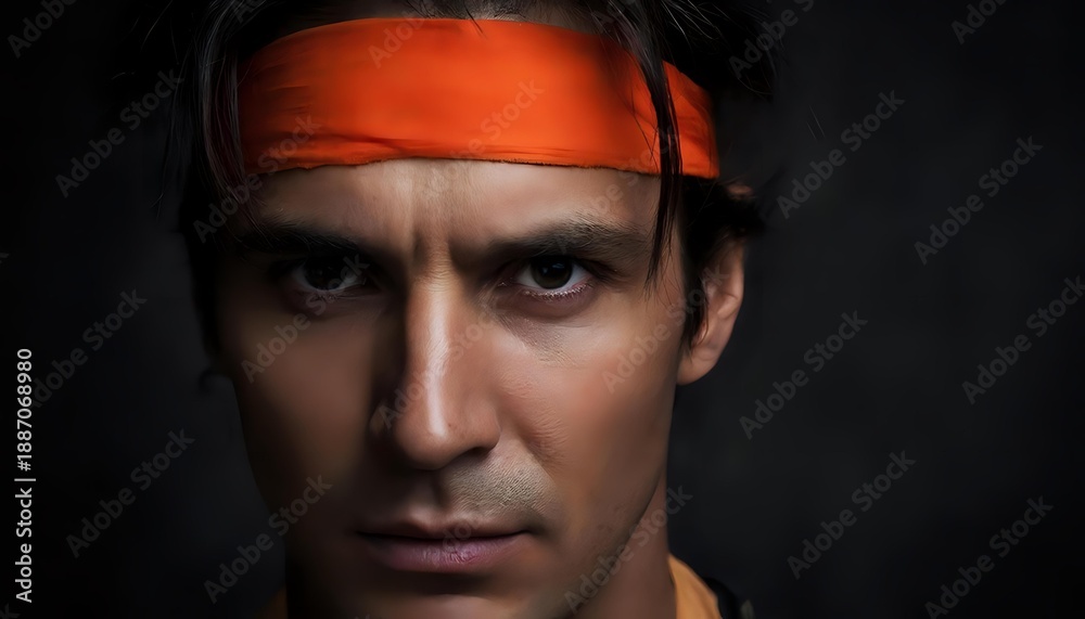 Obraz premium A portrait of a man with distinctive facial features. His hair is dark and slightly tousled, and he wears an orange headband. His face is handsome, bright, and expressive. The dark background creates 