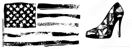 Vintage Grunge American Flag and High Heel Shoe Vector Illustration