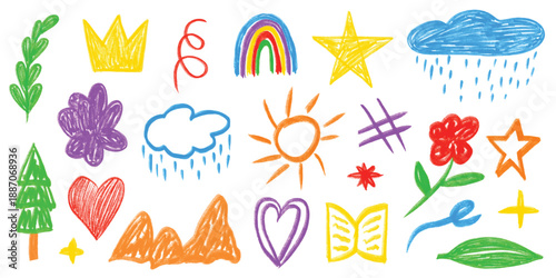 Crayon drawn kid doodle drawings collection. Colorful childish elements like clouds, flowers, rainbows and sun. Adorable girly naive vector. Grunge chalk pencil brush. Spiral, arrow element scribble 