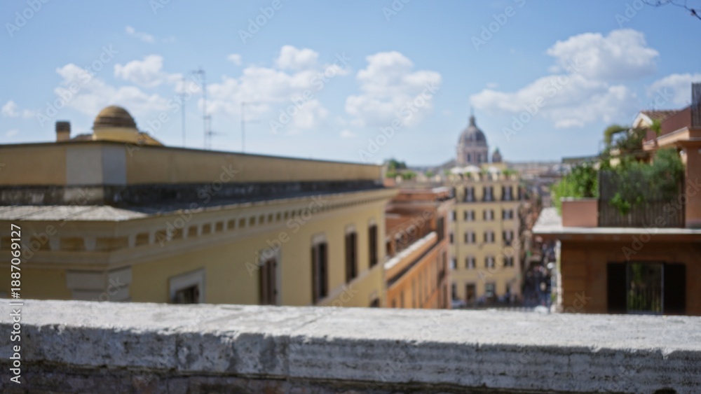 Obraz premium Rooftop skyline view in soft bokeh with defocused rooftops, terraces and a distant dome, outdoor; background backdrop copyspace calm.